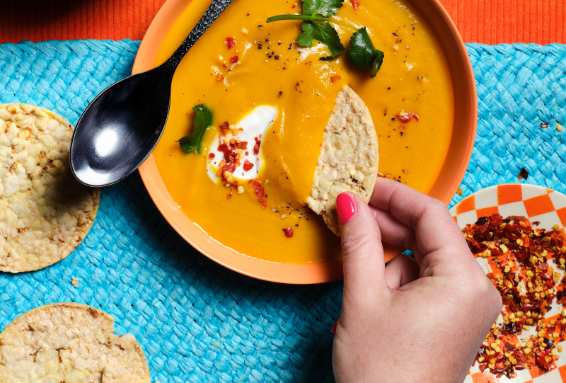 Spicy Thai Pumpkin Soup with Corn Thins slices