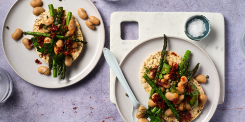 Grilled as[aragus, butter beans, herbs & chilli on Corn Thins slices