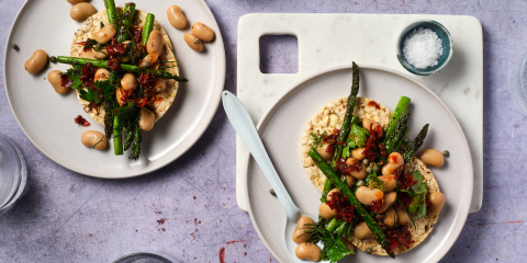 Grilled asparagus, butter beans, herbs, chilli on Corn Thins slices