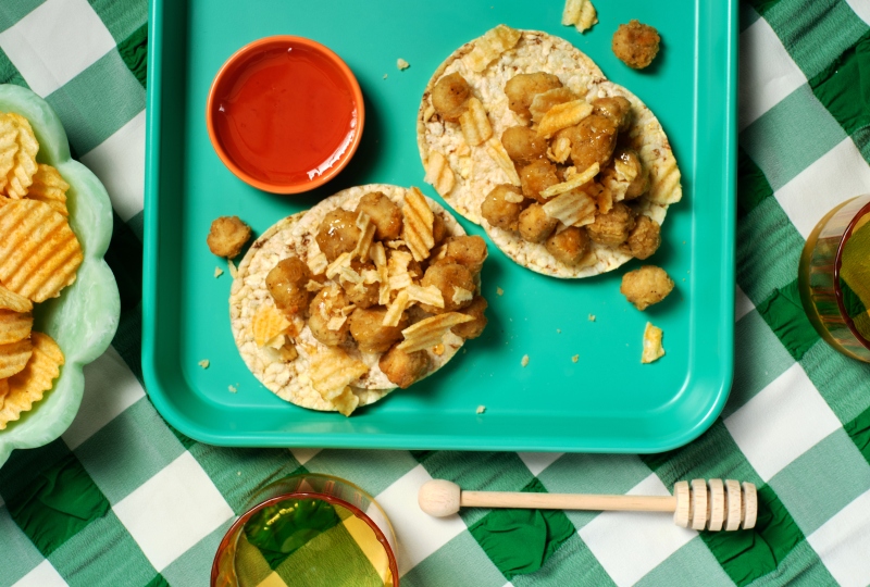 Pop Chicken, Hot honey & crushed BBQ Chips on Corn Thins slices