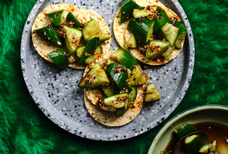 Smashed Cucumber Salad on Corn Thins slices