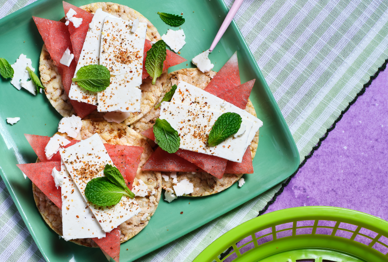 Watermelon, feta, mint & tajin on Corn Thins slices