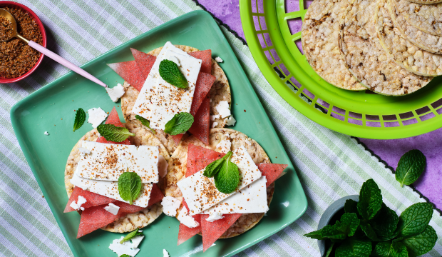 Watermelon, feta, mint & tajin on Corn Thins slices