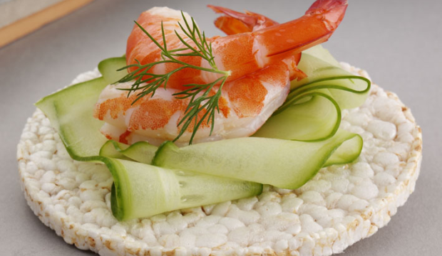 Cucumber $ prawns on Rice Thins slices