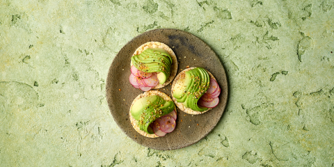 Avocado, radish, EVOO & Dukkah on Corn Thins slices