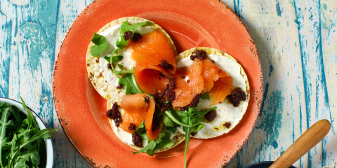 cream cheese, smoked trout, rocket & olive tapenade on Corn Thins slices