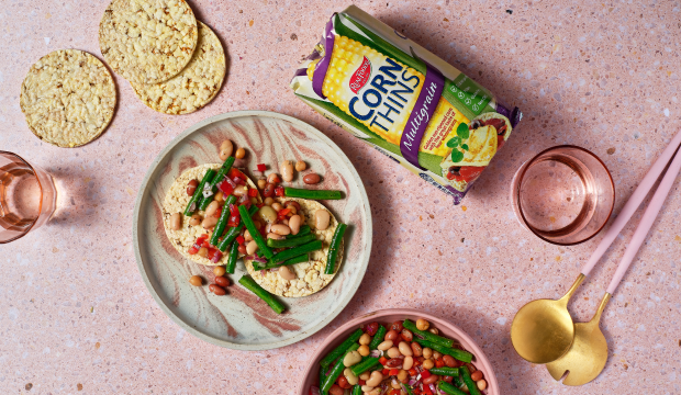 Dense bean salad with Corn Thins slices