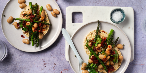 Grilled asparagus, butter beans, herbs & chilli on Corn Thins slices