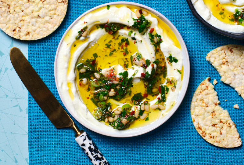 Spicy Chilli and Herb Dip with Greek Yoghurt with Corn Thins slices