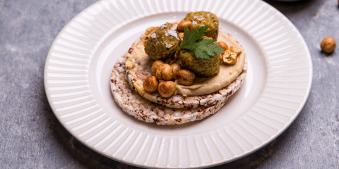 Hommus, falafel, roast chickpea on Corn Thins slices