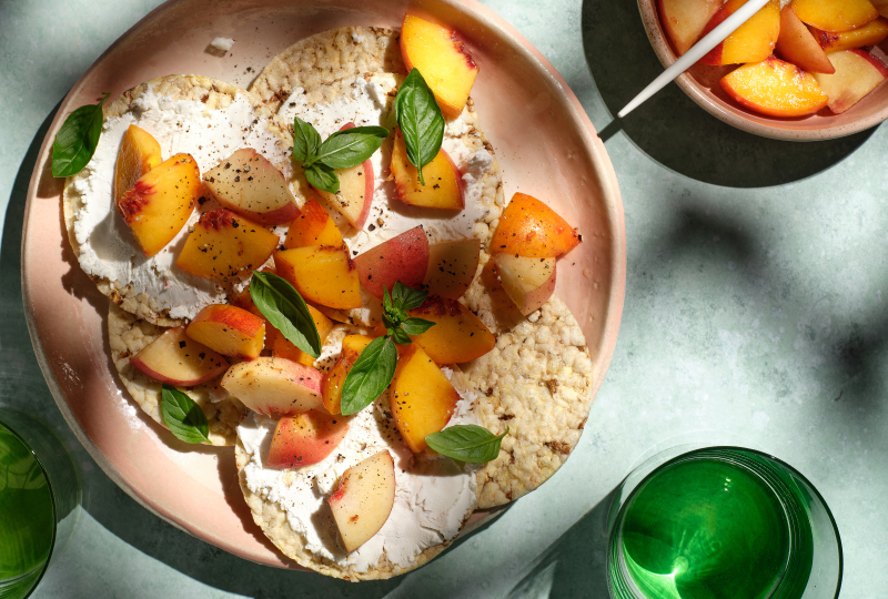 Goat's Cheese, Peach & Basil on Corn Thins slices
