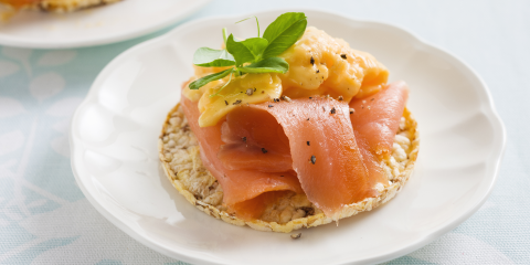 Scrambled eggs & Salmon on Corn Thins slices