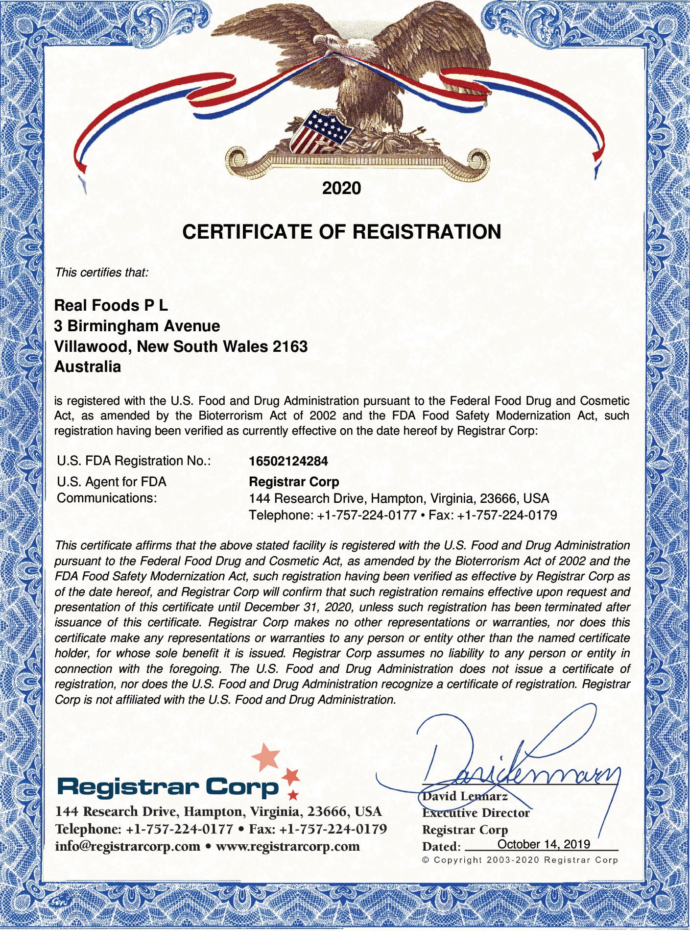 FDA Registration Certificate