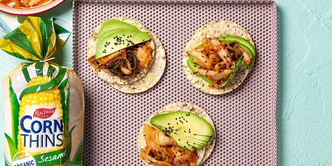 Avocado & Kimchi on Corn Thins slices