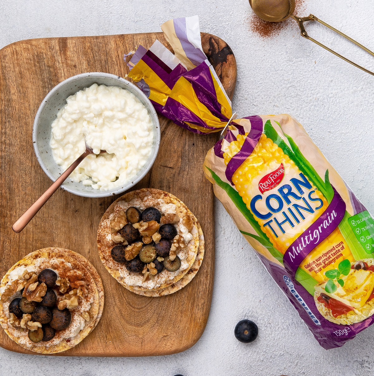cottage cheese, blueberries, walnuts & cinnamon on Corn Thins slices