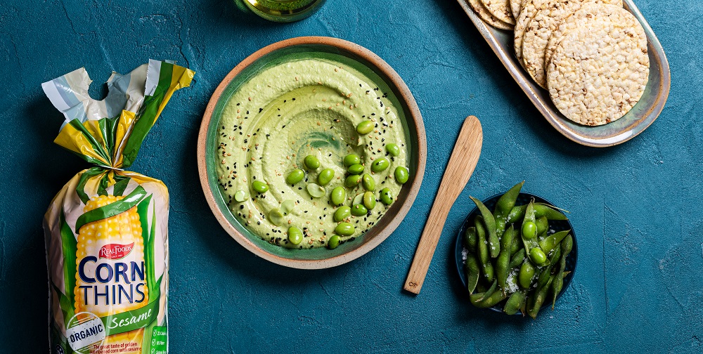 Edamame hommus on Corn Thins slices