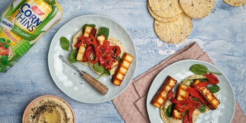 hommus, baby spinach, chargrilled capsicum & haloumi on Corn Thins slices