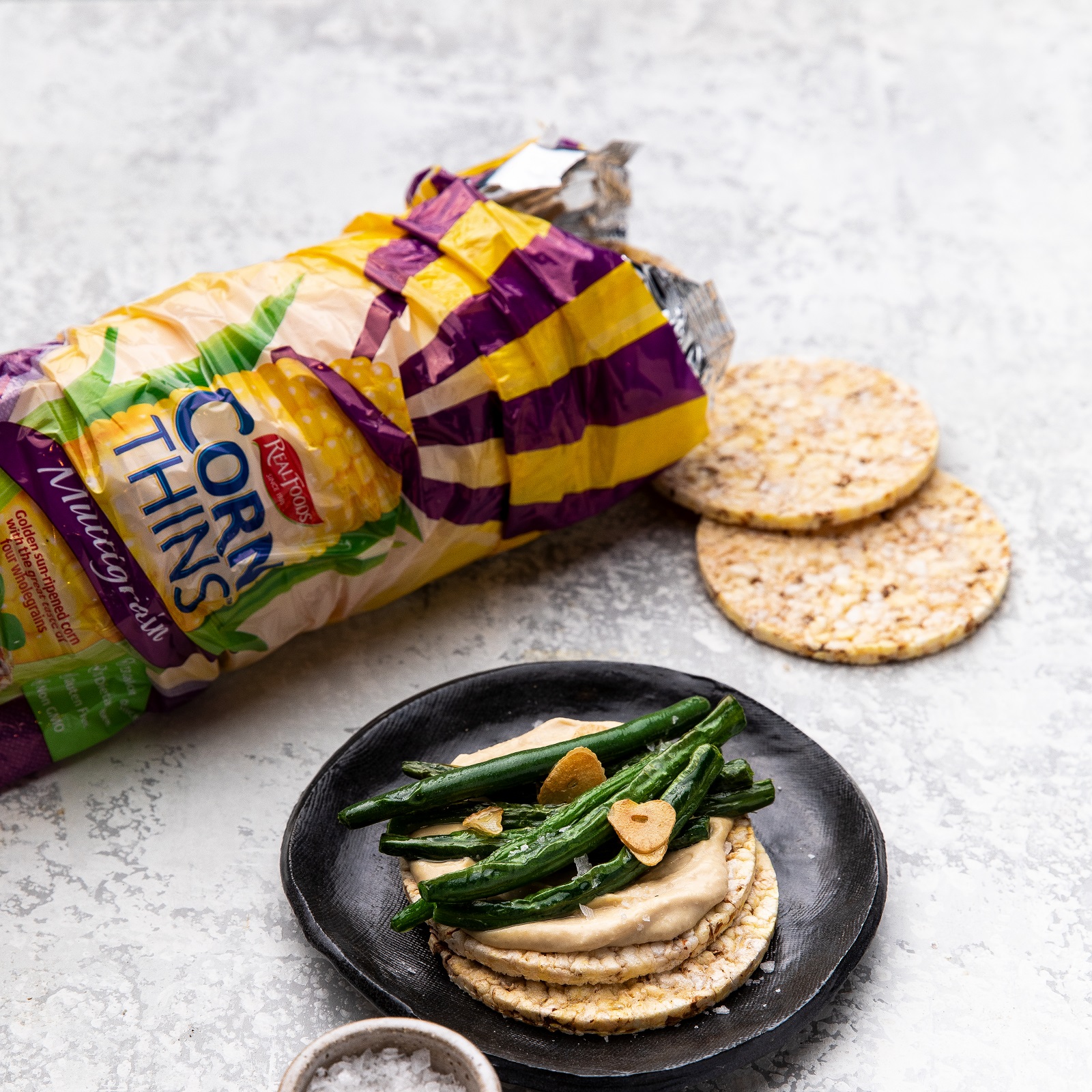 Hommus, Pan-fried Garlic Beans on Corn Thins slices