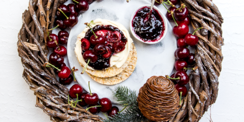 Mascarpone, Berry Jam & Cherries on Corn Thins slices