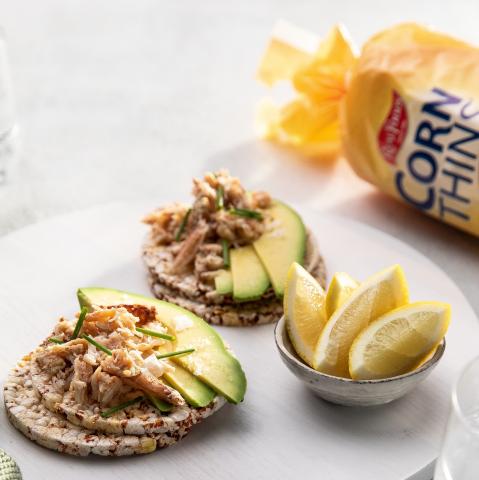 Crab meat, avocado, lemon & chives on CORN THINS slices