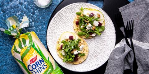 Pear, rocket, beetroot, walnuts & Persian Feta on Corn Thins slices