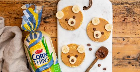 CORN THINS Teddy Bears made from CORN THINS slices, peanut butter, banana & choc chips