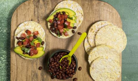 Avocado, Tomato, Black Beans & Coriander on Corn Thins slices