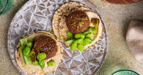 Hommus, falafel, cucumber, broad beans on Corn Thins slices