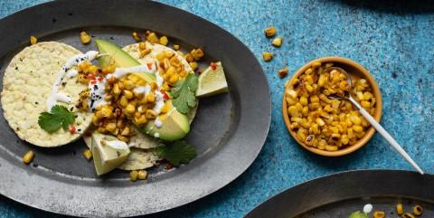 Avocado, grilled corn, caesar dressing & chilli on Corn Thins slices