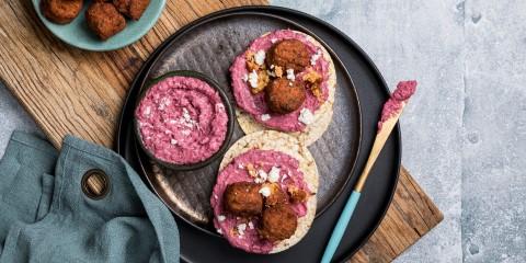 Beetroot Hommus, Veggie Bites & Feta on Corn Thins slices