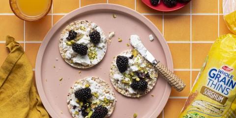 Goats Cheese, blackberry, pistachio on Corn Thins slices