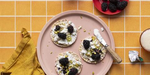 Goats Cheese, blackberry, pistachio on Corn Thins slices