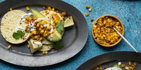Avocado wedges, grilled corn, Caesar dressing & chilli on Corn Thins slices
