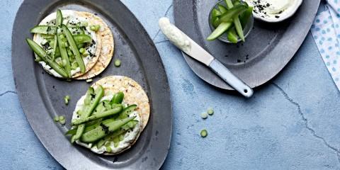 Spring onion dip, cucumber & spring onion on Corn Thins slices