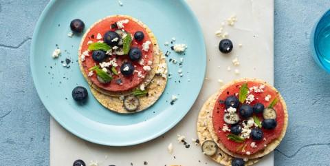 Watermelon, blueberry, feta & mint on Corn Thins slices