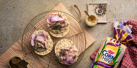 Horseradish cream, smoked mackerel, radish & dill on Corn thins slices