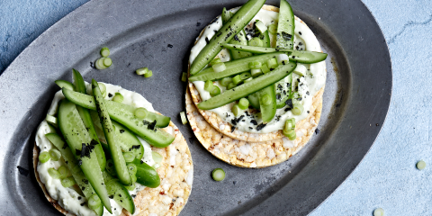 Spring onion dip, cucumber & spring onions on Corn Thins slices