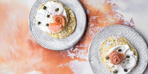 Cream cheese, smoked salmon, red onion & capers on Corn Thins slices