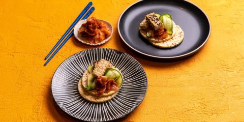 Avo, cucumber, sesame tofu & kimchi on Corn Thins slices