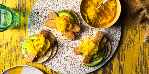Avocado, tempeh & saurkraut on Corn Thins slices