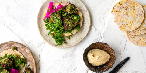 Falafel, pickles, tabouli & hummus on Corn Thins slices