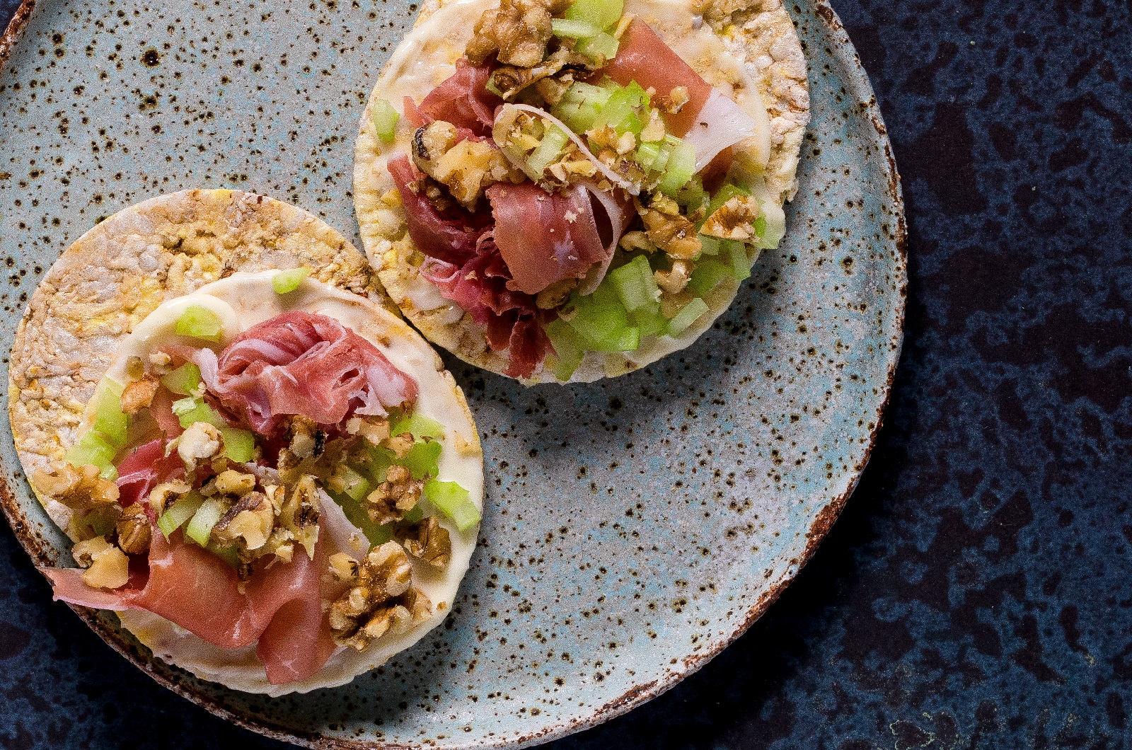 Pancetta, celery, walnut & may on CORN THINS slices
