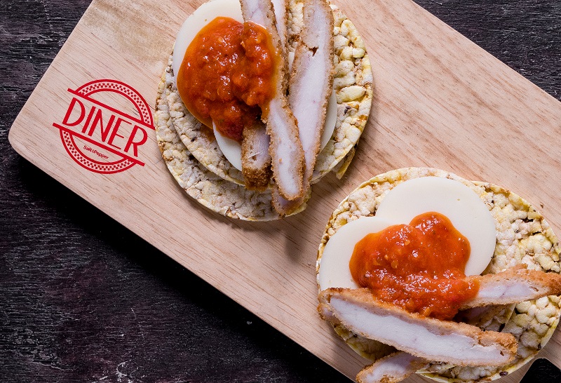 Provolone Cheese, Chicken Schnitzel & Passata on CORN THINS slices