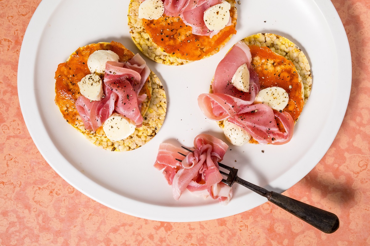 CORN THINS slices with Quince Paste, Pancetta & Bocconcini