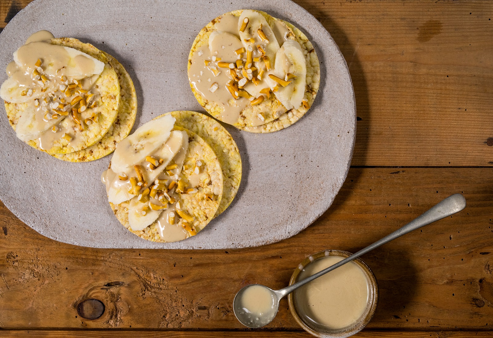 Sweet & Salty - banana, tahini & prezels on CORN THINS slices