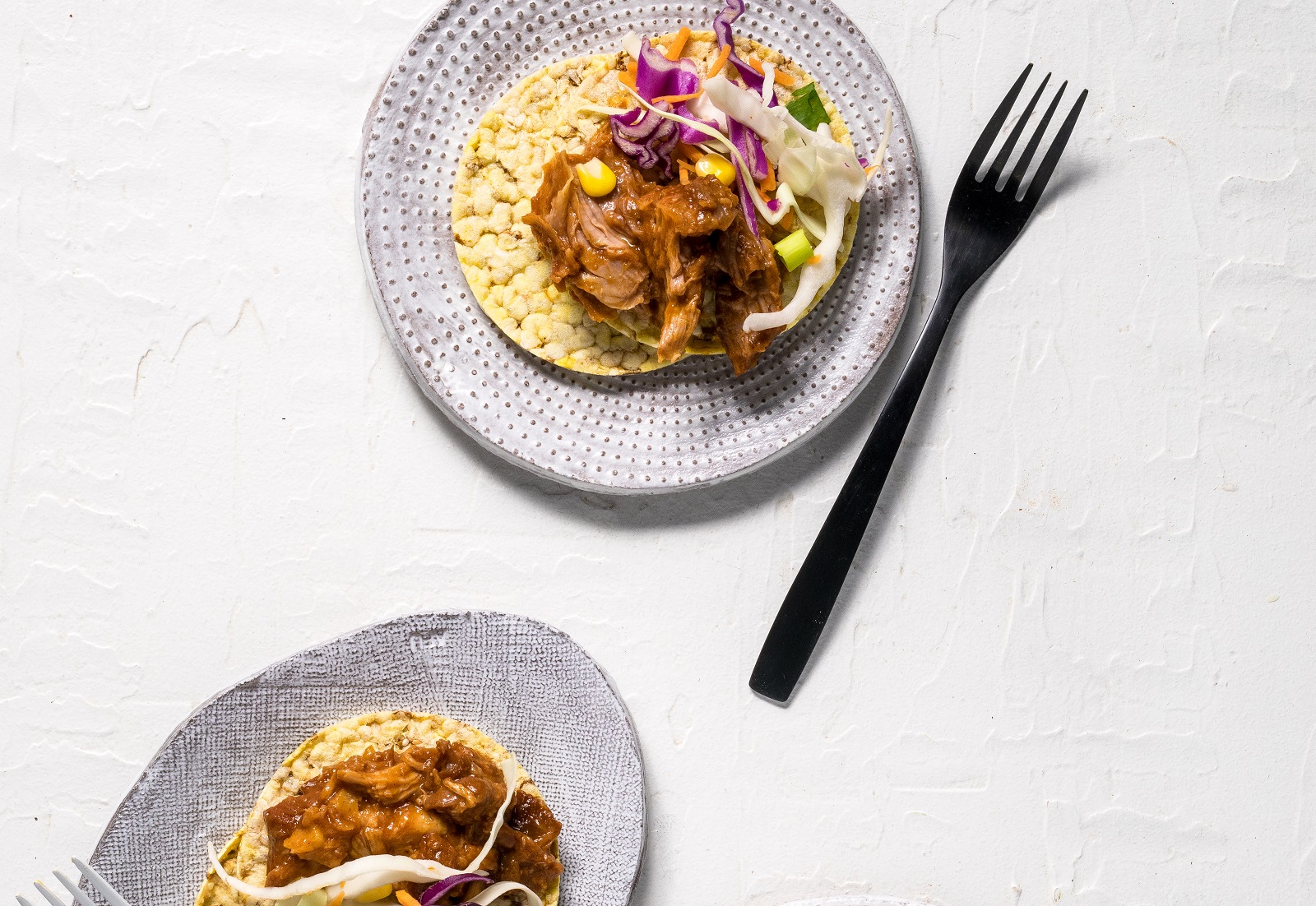 Pulled pork & coleslaw on CORN THINS slices for dinner