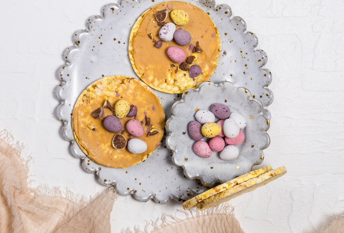 Easter Treat - Easter eggs & peanut butter on CORN THINS slices