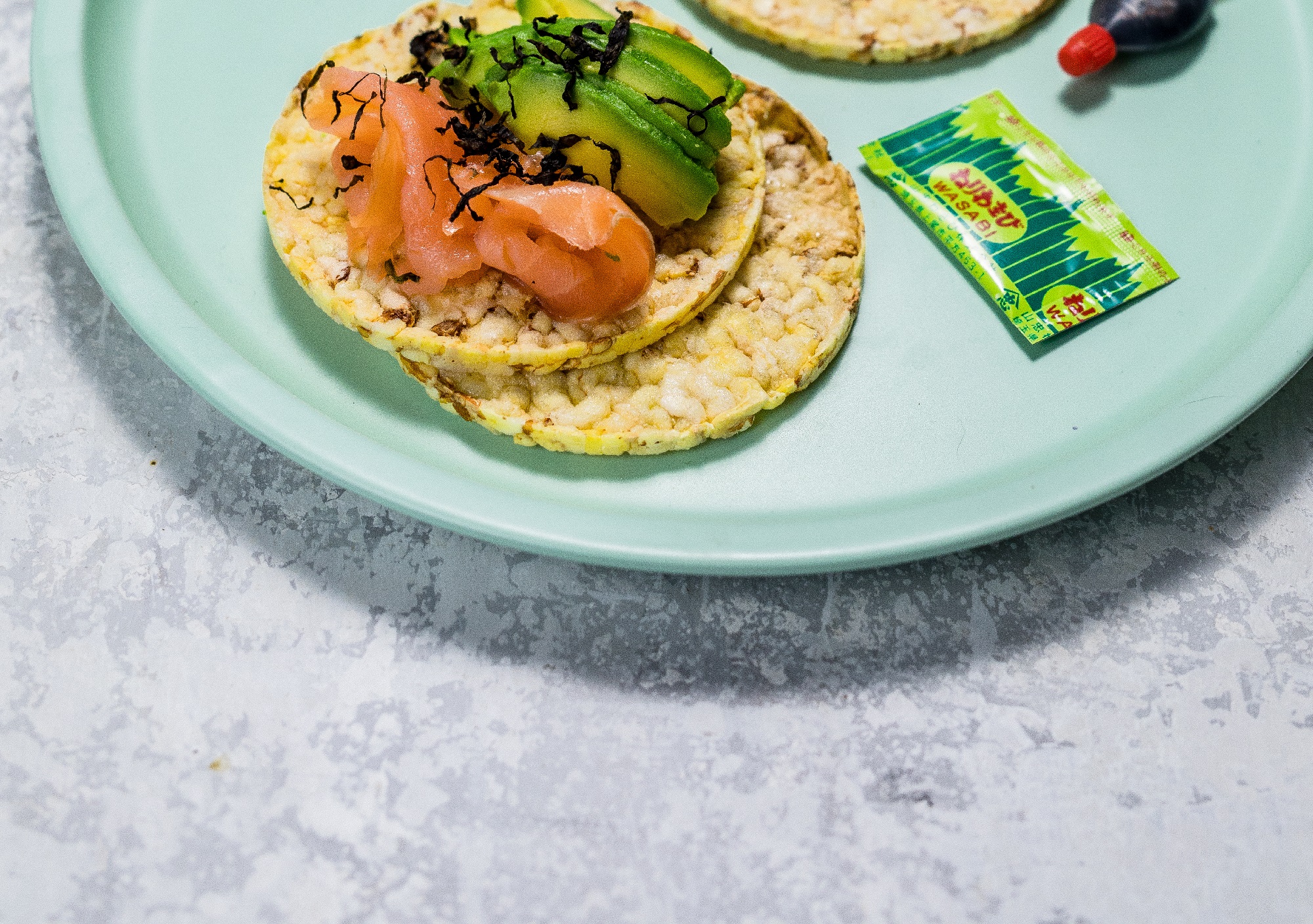 Salmon, Nori Flakes & Avocado on CORN THINS slices for lunch