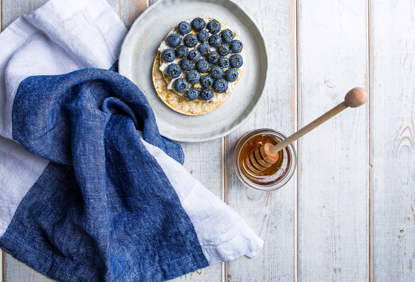Ricotta, Blueberries & Honey on CORN THINS™ slices for breakfast