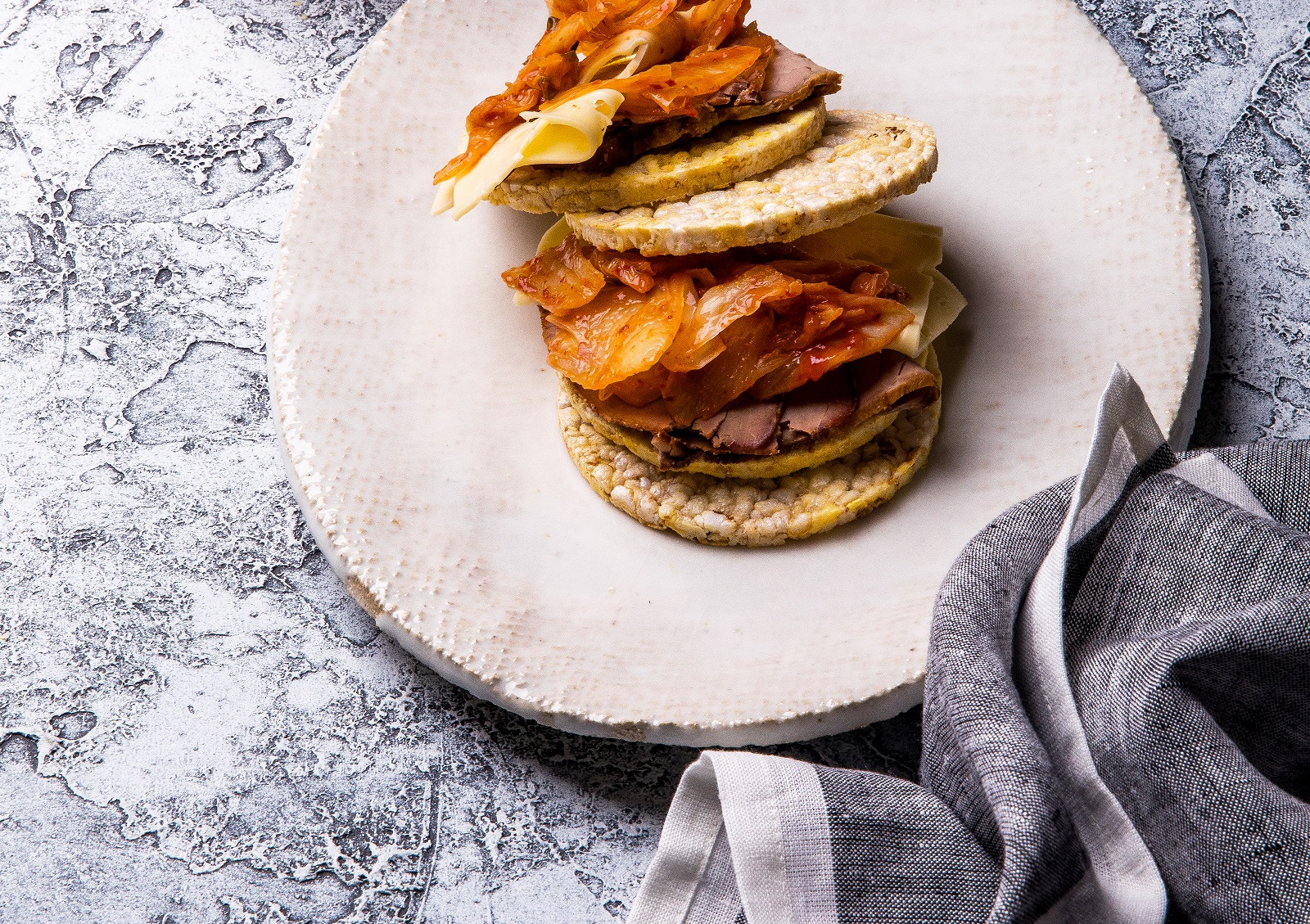 Roast Beef, Swiss Cheese & Kimchi on CORN THINS slices for dinner